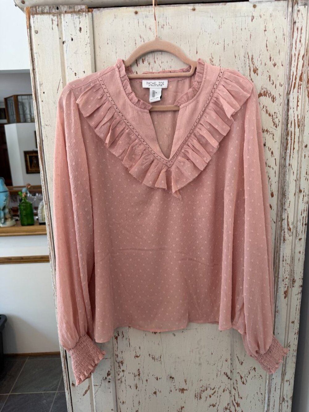 RACHEL ZOE SWISS DOT RUFFLE TRIM BOHO BLOUSE - Picture 3 of 6